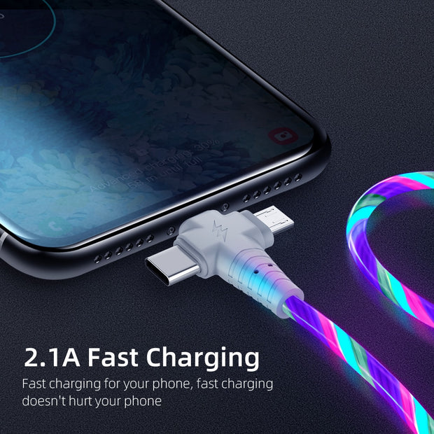 3 in 1 USB Cable Flowing Light LED Type C Charging Cord