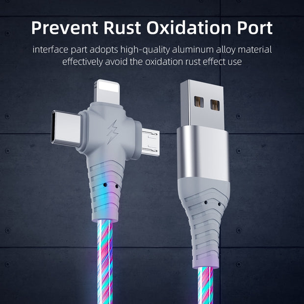 3 in 1 USB Cable Flowing Light LED Type C Charging Cord