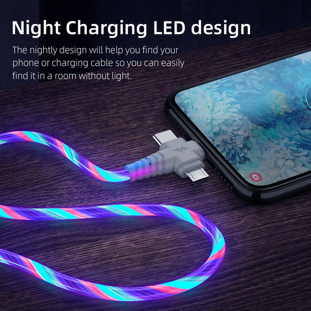 3 in 1 USB Cable Flowing Light LED Type C Charging Cord