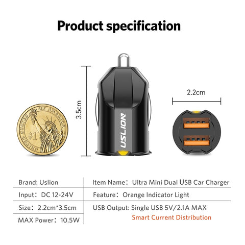USLION Mini 2 Port USB Car Charger Adapter For iPhone Samsung