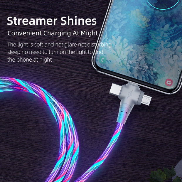 3 in 1 USB Cable Flowing Light LED Type C Charging Cord